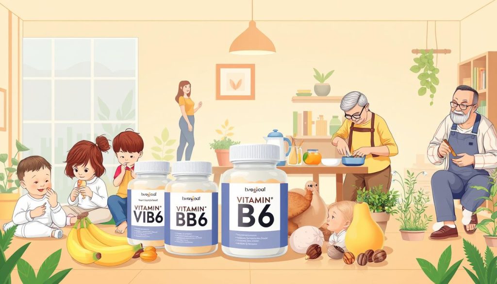 A detailed illustration showing the application of Vitamin B6 at various life stages. In the foreground, depict a diverse group of individuals spanning different ages: a baby being fed, a child studying, a teenager exercising, a young adult working at a desk, a middle-aged person cooking, and an elderly individual gardening. In the middle ground, include jars of Vitamin B6 supplements along with food sources like bananas, chicken, and nuts to emphasize nutrition. The background features a soft, warm lighting that creates an inviting atmosphere, highlighting a cozy home setting. Capture the scene using a slightly elevated angle to incorporate all ages harmoniously, ensuring a balanced composition that reflects well-being and vitality across life stages. A detailed illustration showing the application of Vitamin B6 at various life stages. In the foreground, depict a diverse group of individuals spanning different ages: a baby being fed, a child studying, a teenager exercising, a young adult working at a desk, a middle-aged person cooking, and an elderly individual gardening. In the middle ground, include jars of Vitamin B6 supplements along with food sources like bananas, chicken, and nuts to emphasize nutrition. The background features a soft, warm lighting that creates an inviting atmosphere, highlighting a cozy home setting. Capture the scene using a slightly elevated angle to incorporate all ages harmoniously, ensuring a balanced composition that reflects well-being and vitality across life stages.