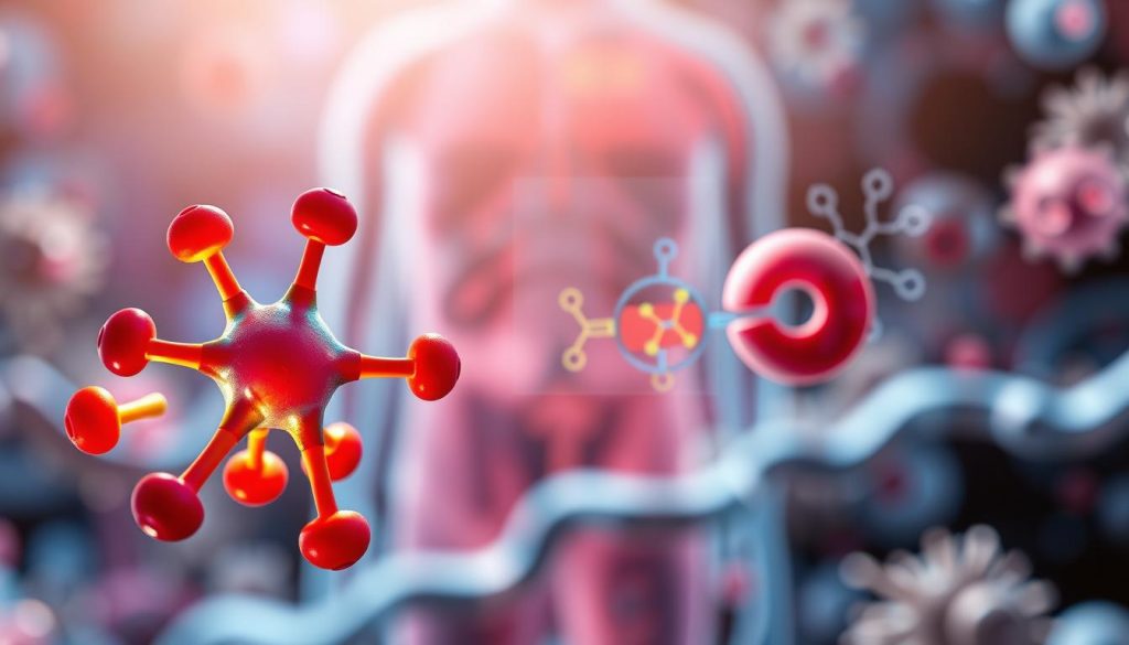 A detailed, scientific illustration depicting the mechanism of action of Vitamin K1. In the foreground, visualize a molecular structure of Vitamin K1, with vibrant colors highlighting its chemical bonds and rings. In the middle ground, include graphics demonstrating its role in blood coagulation, featuring activated proteins and clotting factors in a dynamic interaction. The background should have a soft-focus representation of healthy human cells and tissue, subtly emphasizing its importance in human health. Use bright, natural lighting to enhance clarity and vibrancy, capturing a sense of science and discovery. The atmosphere should feel educational and enlightening, suitable for an informative section on pharmacological properties.