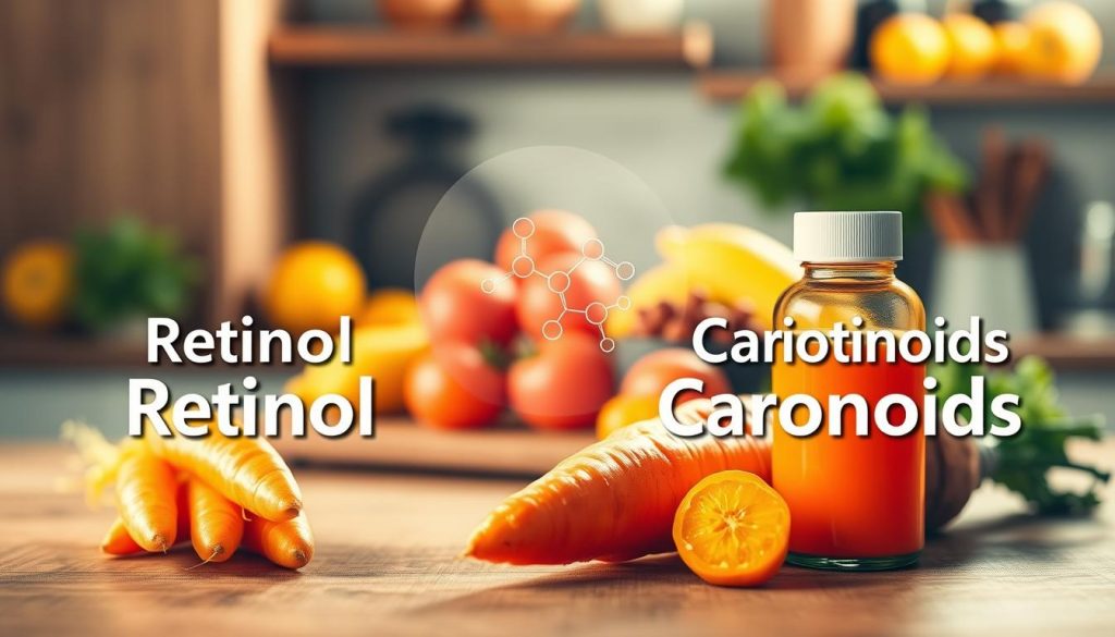 A detailed, visually appealing illustration showing the differences between retinol and carotenoids. In the foreground, display two distinct sections: one with vibrant orange and yellow carrots symbolizing carotenoids, and another with a bottle of retinol in a contrasting color. The middle section should feature a soft-focus visual representation of a molecular structure for each substance, enhancing the educational aspect. In the background, include a blurred image of a kitchen setting with fresh fruits and vegetables, hinting at their sources. The lighting should be soft and warm, creating a cozy atmosphere. Use a slight top-down angle to give depth while maintaining clarity. Focus on rich colors and textures to highlight the natural beauty of the ingredients. A detailed, visually appealing illustration showing the differences between retinol and carotenoids. In the foreground, display two distinct sections: one with vibrant orange and yellow carrots symbolizing carotenoids, and another with a bottle of retinol in a contrasting color. The middle section should feature a soft-focus visual representation of a molecular structure for each substance, enhancing the educational aspect. In the background, include a blurred image of a kitchen setting with fresh fruits and vegetables, hinting at their sources. The lighting should be soft and warm, creating a cozy atmosphere. Use a slight top-down angle to give depth while maintaining clarity. Focus on rich colors and textures to highlight the natural beauty of the ingredients.
