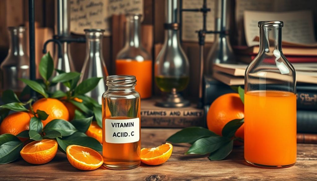 A historical depiction of ascorbic acid (vitamin C) in a laboratory setting. In the foreground, a glass vial filled with vibrant orange liquid symbolizing vitamin C, surrounded by fresh oranges and leafy greens, representing natural sources. In the middle ground, a detailed vintage scientific apparatus including beakers and test tubes, demonstrating the process of extraction and analysis of ascorbic acid. The background features a rustic wooden table, layered with old scientific books and handwritten notes, hinting at the historical significance of vitamin C research. Illuminated by soft, warm lighting to create an inviting, scholarly atmosphere. The angle is slightly above eye level, providing a comprehensive view of the scene.