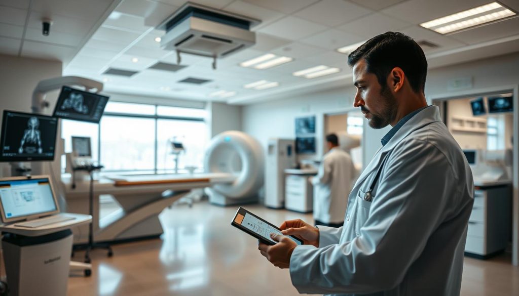 A modern diagnostic center interior, featuring advanced medical equipment like MRI machines, ultrasound devices, and high-tech monitors. In the foreground, a focused medical professional in a lab coat reviews patient data on a tablet. The middle ground displays a clean, organized space with state-of-the-art diagnostic tools and a large window allowing natural light to flood in, enhancing the serene atmosphere. In the background, specialized areas for various diagnostic tests can be seen, well-lit and neatly arranged. The overall mood is professional, efficient, and welcoming, emphasizing the importance of technology and expertise in patient diagnostics. Use bright, natural lighting to create an inviting ambiance, and capture the scene from a slightly elevated angle to showcase the layout effectively. A modern diagnostic center interior, featuring advanced medical equipment like MRI machines, ultrasound devices, and high-tech monitors. In the foreground, a focused medical professional in a lab coat reviews patient data on a tablet. The middle ground displays a clean, organized space with state-of-the-art diagnostic tools and a large window allowing natural light to flood in, enhancing the serene atmosphere. In the background, specialized areas for various diagnostic tests can be seen, well-lit and neatly arranged. The overall mood is professional, efficient, and welcoming, emphasizing the importance of technology and expertise in patient diagnostics. Use bright, natural lighting to create an inviting ambiance, and capture the scene from a slightly elevated angle to showcase the layout effectively.