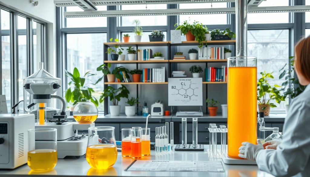 A modern laboratory setting focused on vitamin B12 production and synthesis. In the foreground, show a scientist in a clean lab coat, working with high-tech equipment like a centrifuge and glass beakers filled with vibrant liquid in shades of yellow and orange, indicating the synthesis process. The middle ground features a workbench cluttered with pipettes, test tubes, and charts about B12 chemical structures. In the background, large windows flood the space with natural light, showcasing shelves filled with scientific books and plants promoting a healthy environment. The atmosphere should be bright and innovative, capturing the essence of scientific research and discovery, with a slight hint of a professional atmosphere. Overall, create an engaging and informative scene that highlights the importance of vitamin B12 production.