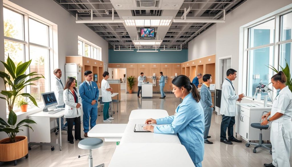 A modern medical clinic interior, depicting a wide range of healthcare services. In the foreground, a diverse group of healthcare professionals, including a doctor, a nurse, and a technician, are engaged in a consultation by a well-equipped examination table, all dressed in professional attire. In the middle, various sections dedicated to different medical services, such as diagnostic imaging, physical therapy, and pediatric care, are neatly organized. The background features calming colors with large windows allowing natural light, plants for a healing atmosphere, and patients receiving assistance. The scene is well-lit with soft, diffused lighting, emphasizing a welcoming, reassuring mood, taken with a wide-angle lens for an immersive perspective. A modern medical clinic interior, depicting a wide range of healthcare services. In the foreground, a diverse group of healthcare professionals, including a doctor, a nurse, and a technician, are engaged in a consultation by a well-equipped examination table, all dressed in professional attire. In the middle, various sections dedicated to different medical services, such as diagnostic imaging, physical therapy, and pediatric care, are neatly organized. The background features calming colors with large windows allowing natural light, plants for a healing atmosphere, and patients receiving assistance. The scene is well-lit with soft, diffused lighting, emphasizing a welcoming, reassuring mood, taken with a wide-angle lens for an immersive perspective.