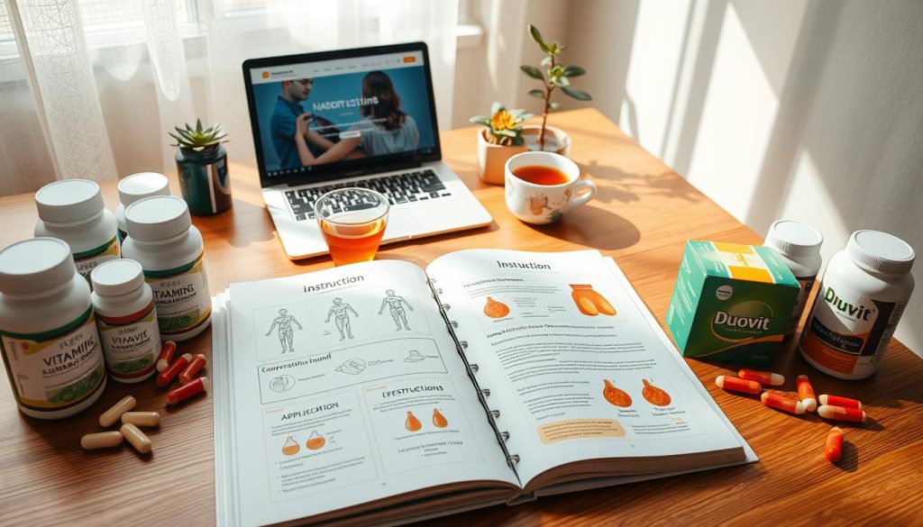 A neatly organized workspace featuring an open instruction manual for vitamin supplements on a wooden desk. The foreground showcases the manual vividly illustrated with diagrams and application guidelines, surrounded by various vitamin containers, specifically a box labeled "Duovit" to indicate the brand. In the middle ground, a laptop displays a health-related website, with a cup of herbal tea and a small potted plant for a touch of nature. The background includes soft, diffused sunlight filtering through a window, casting gentle shadows across the room, enhancing a calm and informative atmosphere. The overall mood conveys health, well-being, and professionalism, with all objects meticulously arranged for an inviting and educational look.