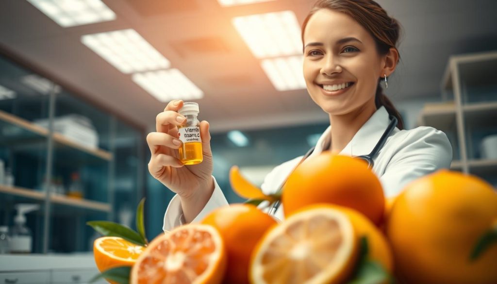 A professional medical setting featuring a well-lit laboratory or a doctor's office as the background, with a focus on a smiling female doctor in a white coat, carefully examining a vial of vitamin C solution. In the foreground, vivid oranges and lemons are artistically arranged, symbolizing natural sources of vitamin C. Soft, diffused lighting creates a warm and inviting atmosphere, highlighting the vibrant colors of the fruits and the doctor’s attentive expression. The camera angle is slightly tilted upwards, capturing the doctor at eye level to convey accessibility and knowledge. The overall mood is informative yet approachable, emphasizing the medicinal application of vitamin C in a clinical context. A professional medical setting featuring a well-lit laboratory or a doctor's office as the background, with a focus on a smiling female doctor in a white coat, carefully examining a vial of vitamin C solution. In the foreground, vivid oranges and lemons are artistically arranged, symbolizing natural sources of vitamin C. Soft, diffused lighting creates a warm and inviting atmosphere, highlighting the vibrant colors of the fruits and the doctor’s attentive expression. The camera angle is slightly tilted upwards, capturing the doctor at eye level to convey accessibility and knowledge. The overall mood is informative yet approachable, emphasizing the medicinal application of vitamin C in a clinical context.