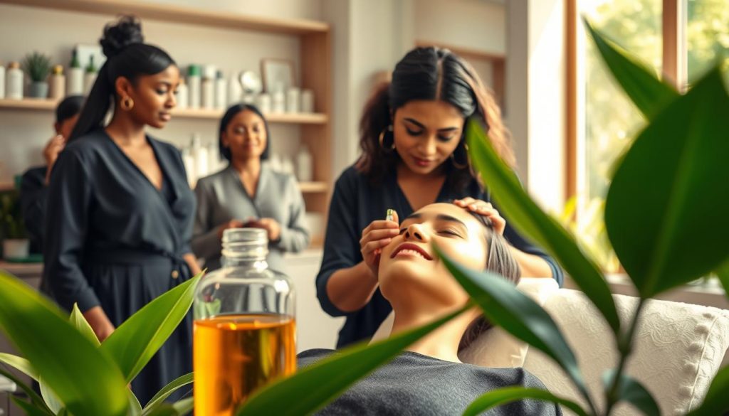A serene and elegant beauty studio setting featuring a diverse group of professionals in modest, professional attire. In the foreground, a glass vial of vitamin C serum reflects soft, warm natural light, surrounded by lush green plants symbolizing freshness. In the middle ground, a cosmetologist gently applies a vitamin C facial mask on a client's face, showcasing the application process. The client appears relaxed and happy, with glowing skin, highlighting the benefits of vitamin C in skincare. The background features shelves filled with skincare products, and a large window allows sunlight to stream in, creating a bright and inviting atmosphere. The overall mood is tranquil and rejuvenating, perfect for illustrating the use of vitamin C in cosmetology. A serene and elegant beauty studio setting featuring a diverse group of professionals in modest, professional attire. In the foreground, a glass vial of vitamin C serum reflects soft, warm natural light, surrounded by lush green plants symbolizing freshness. In the middle ground, a cosmetologist gently applies a vitamin C facial mask on a client's face, showcasing the application process. The client appears relaxed and happy, with glowing skin, highlighting the benefits of vitamin C in skincare. The background features shelves filled with skincare products, and a large window allows sunlight to stream in, creating a bright and inviting atmosphere. The overall mood is tranquil and rejuvenating, perfect for illustrating the use of vitamin C in cosmetology.