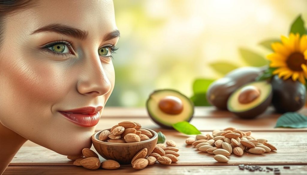 A serene and informative composition showcasing the beneficial properties of Vitamin E for skin and eyes. In the foreground, a glowing, radiant human face with clear, healthy skin, adorned with minimal, natural makeup. Beside the face, a close-up view of a pair of beautiful, bright eyes sparkling with vitality. In the middle ground, a collection of natural ingredients rich in Vitamin E, such as almonds, sunflower seeds, and avocados, arranged artfully on a wooden surface. The background features soft, diffused natural lighting with gentle greenery and a calm, blurred garden scene, creating an atmosphere of tranquility and wellness. The overall mood is uplifting and inspiring, emphasizing health and beauty.