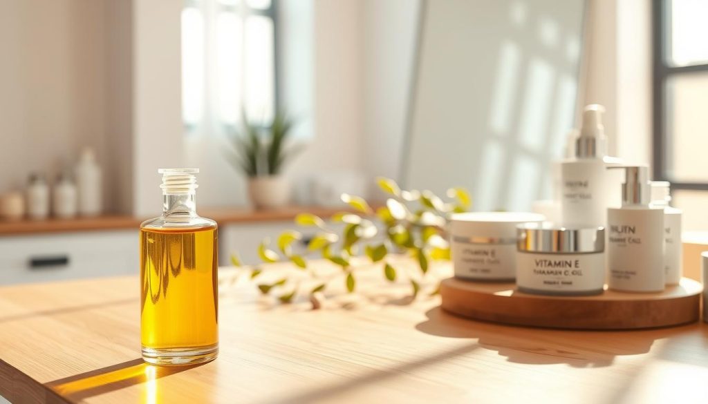 A serene and inviting skincare scene featuring a sophisticated, well-lit dermatology clinic. In the foreground, a glass bottle of vitamin E oil sits elegantly on a wooden countertop, surrounded by soft, natural skincare products, such as creams and serums. The middle ground reveals a subtle arrangement of fresh green plants, symbolizing natural ingredients, alongside a pristine mirror reflecting the warm, ambient light. The background includes gentle hues of pastel colors, creating a calm atmosphere. Soft, diffused sunlight streams through a window, casting delicate shadows. The overall mood is tranquil and rejuvenating, evoking a sense of care and wellness for skin health, perfect for the topic of vitamin E in dermatology and cosmetology. A serene and inviting skincare scene featuring a sophisticated, well-lit dermatology clinic. In the foreground, a glass bottle of vitamin E oil sits elegantly on a wooden countertop, surrounded by soft, natural skincare products, such as creams and serums. The middle ground reveals a subtle arrangement of fresh green plants, symbolizing natural ingredients, alongside a pristine mirror reflecting the warm, ambient light. The background includes gentle hues of pastel colors, creating a calm atmosphere. Soft, diffused sunlight streams through a window, casting delicate shadows. The overall mood is tranquil and rejuvenating, evoking a sense of care and wellness for skin health, perfect for the topic of vitamin E in dermatology and cosmetology.