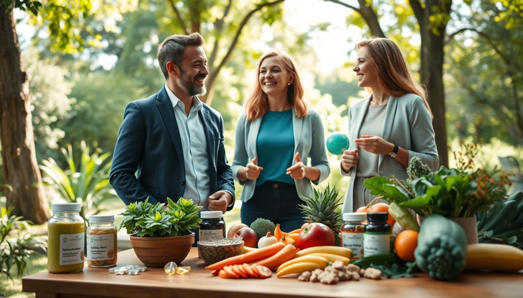 A serene composition focusing on health recommendations, featuring a diverse group of three individuals, one man and two women, dressed in smart casual attire, engaged in an outdoor wellness workshop. In the foreground, a wooden table displays vibrant fruits, vegetables, and natural supplements, symbolizing nutrition. In the middle ground, the group shares laughter and advice, showcasing their vibrant energy and camaraderie. The background includes lush greenery and sunlight filtering through trees, creating a warm and inviting atmosphere. The lighting is soft and natural, enhancing the feeling of well-being. Capture the essence of health and community, evoking a sense of positivity and vitality.