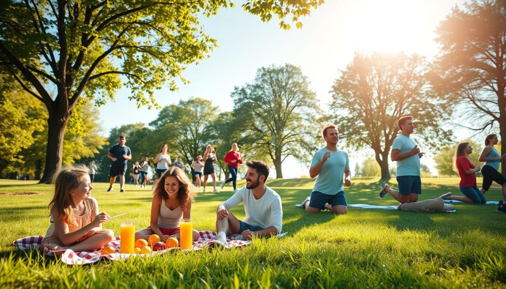 A serene, sunlit park scene featuring a diverse group of people engaging in activities that promote Vitamin D3 levels. In the foreground, a family is joyfully having a picnic on a grassy blanket, with fresh fruits and a glass of orange juice. In the middle ground, individuals are participating in outdoor yoga and jogging, showcasing healthy, active lifestyles. In the background, leafy trees and a clear blue sky with the sun shining brightly convey a sense of warmth and vitality. The overall atmosphere is vibrant and uplifting, emphasizing health and well-being. Use soft, natural lighting to create a warm ambience, and aim for a wide-angle perspective to capture the scenery and activities harmoniously.