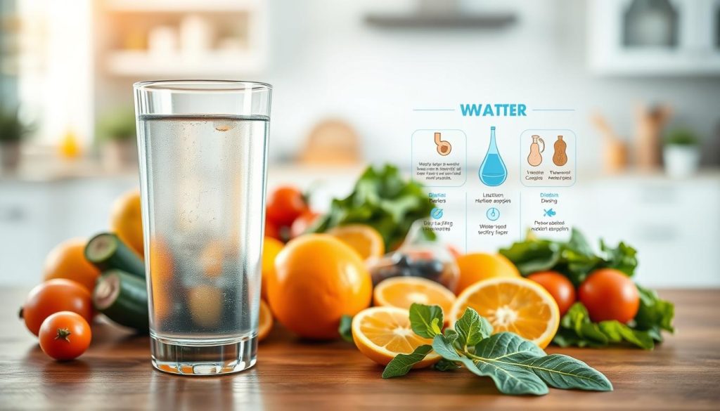 A serene, visually appealing composition highlighting the essential role of water in nutrition. In the foreground, a clear glass of water is placed on a wooden table, reflecting light softly to emphasize its purity. Surrounding the glass, fresh fruits and vegetables, like cucumbers, oranges, and leafy greens, are artfully arranged to suggest hydration. In the middle ground, a detailed infographic illustration depicting water’s benefits, like digestion and nutrient absorption, is subtly incorporated. The background features a bright kitchen with soft, natural lighting, creating a warm and inviting atmosphere. The lens should be slightly zoomed in to focus on the water and food, capturing vibrant colors and textures, while maintaining a balanced composition that conveys a healthy lifestyle theme. A serene, visually appealing composition highlighting the essential role of water in nutrition. In the foreground, a clear glass of water is placed on a wooden table, reflecting light softly to emphasize its purity. Surrounding the glass, fresh fruits and vegetables, like cucumbers, oranges, and leafy greens, are artfully arranged to suggest hydration. In the middle ground, a detailed infographic illustration depicting water’s benefits, like digestion and nutrient absorption, is subtly incorporated. The background features a bright kitchen with soft, natural lighting, creating a warm and inviting atmosphere. The lens should be slightly zoomed in to focus on the water and food, capturing vibrant colors and textures, while maintaining a balanced composition that conveys a healthy lifestyle theme.