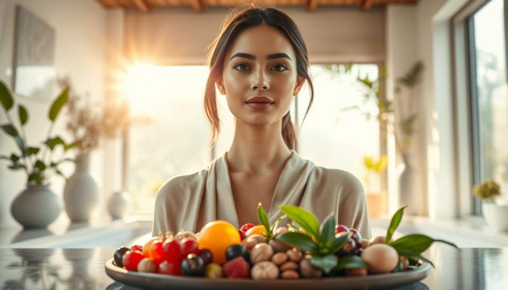 A serene, well-lit spa environment showcasing the theme of antioxidant protection for skin and hair. In the foreground, a beautifully arranged display of natural ingredients like berries, green tea, and nuts, symbolizing antioxidants. In the middle, a close-up of a model with glowing skin and healthy, shiny hair, dressed in elegant, modest attire. Soft sunlight filters through a large window, creating a warm, inviting atmosphere. In the background, elegant spa decor with plants and calming colors enhances the peaceful vibe. The image should evoke feelings of wellness and rejuvenation, emphasizing the importance of beauty care with antioxidants. Use a shallow depth of field to keep the focus on the model and the foreground elements. A serene, well-lit spa environment showcasing the theme of antioxidant protection for skin and hair. In the foreground, a beautifully arranged display of natural ingredients like berries, green tea, and nuts, symbolizing antioxidants. In the middle, a close-up of a model with glowing skin and healthy, shiny hair, dressed in elegant, modest attire. Soft sunlight filters through a large window, creating a warm, inviting atmosphere. In the background, elegant spa decor with plants and calming colors enhances the peaceful vibe. The image should evoke feelings of wellness and rejuvenation, emphasizing the importance of beauty care with antioxidants. Use a shallow depth of field to keep the focus on the model and the foreground elements.