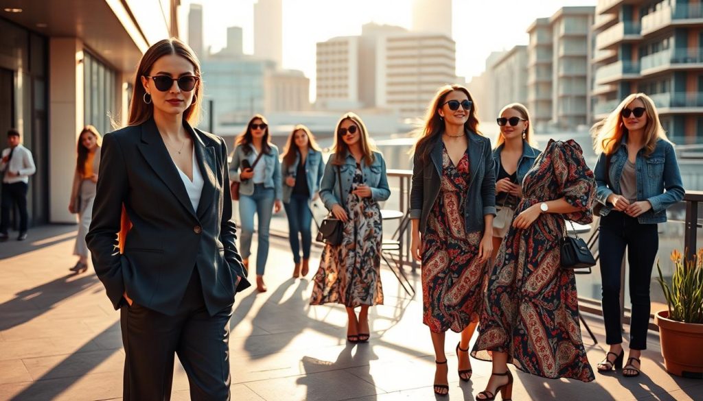 A stylish contemporary display of women's fashion trends, showcasing a diverse group of women in a vibrant urban setting. In the foreground, a confident woman in a tailored blazer paired with high-waisted trousers, exuding professionalism. Beside her, another woman dons a flowing midi dress with bold patterns and oversized accessories, embodying bohemian chic. In the middle ground, a small café terrace brims with fashionable onlookers dressed in smart-casual attire—combining textures like denim, cotton, and silk. The background features a modern cityscape under a soft golden hour glow, casting warm light and gentle shadows. The mood is vibrant yet sophisticated, reflecting current fashion trends, emphasizing a blend of individuality and style. The composition captures a moment of stylish interaction, promoting an engaging and uplifting atmosphere.