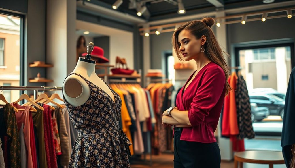 A stylish young woman standing confidently in an elegant boutique, surrounded by an array of vibrant clothing and fashion accessories. In the foreground, she examines a chic dress on a mannequin, reflecting thoughtful consideration for her wardrobe choices. The middle ground features racks of on-trend garments, showcasing a mix of textures and colors, enhancing the fashion-forward atmosphere. In the background, soft lighting illuminates the space, creating a warm and inviting ambiance, while a large window reveals a sunlit street, adding a touch of daylight. The scene conveys a sense of inspiration and sophistication, portraying the essence of creating a harmonious look through expert style recommendations.