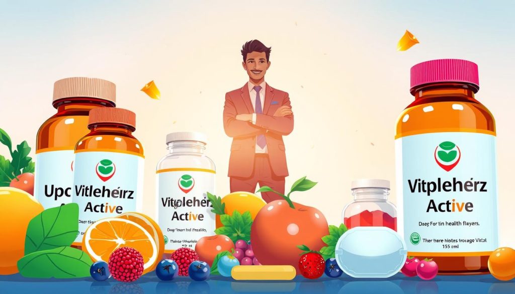 A vibrant and colorful illustration depicting the advantages of vitamins for health. In the foreground, a variety of vitamin bottles, including the 'Doppelherz Active' brand, are artistically arranged alongside fresh fruits and vegetables, such as oranges, berries, and leafy greens. In the middle ground, a silhouette of a diverse, healthy individual in professional attire, standing with their arms crossed, exuding confidence and wellbeing. The background is a bright, airy environment with soft, natural lighting that radiates positivity. The overall mood is uplifting and energetic, conveying a sense of vitality and health. The scene captures the essence of wellness and the benefits of vitamins in a visually appealing manner.