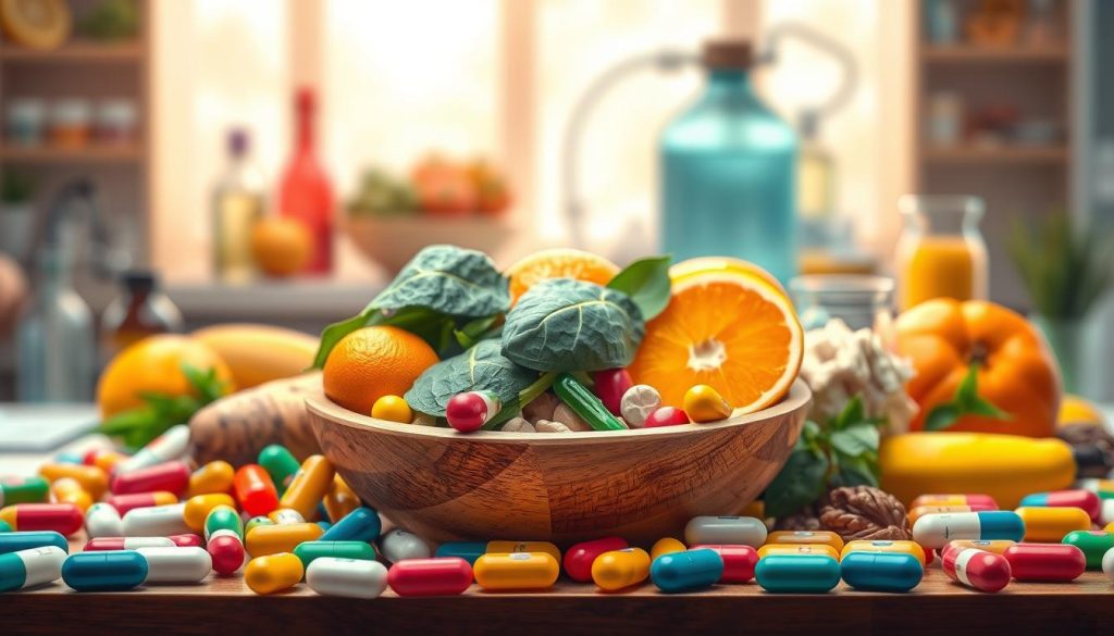 A vibrant and detailed illustration depicting a variety of essential vitamins and minerals essential for health. In the foreground, place colorful capsules and tablets, each labeled with different vitamin symbols (A, B, C, D, E, and minerals like iron, zinc, and magnesium). In the middle ground, arrange a wooden bowl filled with fresh fruits and vegetables representing natural sources of these nutrients, such as oranges, spinach, and nuts. The background should feature a soft-focus laboratory setting with a glowing light that evokes a sense of scientific discovery. Use bright, natural lighting to enhance the colors of the vitamins and surrounding foods, creating an inviting and knowledgeable atmosphere that emphasizes health and wellness.