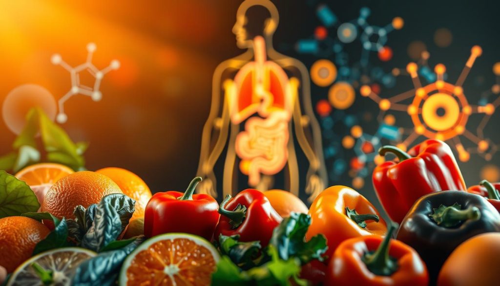 A vibrant and educational representation of the biological role of vitamins in metabolism. In the foreground, showcase various colorful fruits and vegetables like oranges, spinach, and bell peppers, highlighting their vitamin content with luminous textures. The middle ground features a detailed anatomical representation of a human silhouette, emphasizing key organs involved in metabolism, such as the liver and intestines, illuminated in a soft, warm glow. In the background, incorporate abstract representations of biochemical processes, like enzyme reactions and energy production, with light trails symbolizing metabolic pathways. Use bright, natural lighting to foster an atmosphere of vitality and health, captured with a slightly elevated angle for depth, creating an informative yet inviting scene that inspires curiosity about nutrition. A vibrant and educational representation of the biological role of vitamins in metabolism. In the foreground, showcase various colorful fruits and vegetables like oranges, spinach, and bell peppers, highlighting their vitamin content with luminous textures. The middle ground features a detailed anatomical representation of a human silhouette, emphasizing key organs involved in metabolism, such as the liver and intestines, illuminated in a soft, warm glow. In the background, incorporate abstract representations of biochemical processes, like enzyme reactions and energy production, with light trails symbolizing metabolic pathways. Use bright, natural lighting to foster an atmosphere of vitality and health, captured with a slightly elevated angle for depth, creating an informative yet inviting scene that inspires curiosity about nutrition.