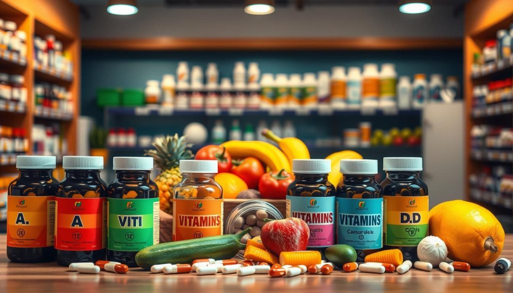 A vibrant and engaging scene depicting the advantages of vitamins, focusing on a collection of neatly arranged vitamin bottles and supplements in the foreground. Each bottle should be colorful and clearly labeled, showcasing various types of vitamins like A, B, C, and D. In the middle ground, a selection of fresh fruits and vegetables, rich in vitamins, enhances the visual appeal, emphasizing health and nutrition. The background features a softly blurred pharmacy environment, with shelves neatly stocked with health products. The lighting is warm and inviting, creating a cheerful atmosphere that symbolizes well-being. Use a slightly elevated angle for a clear view of the arrangement, capturing the essence of vitality and health through this vibrant composition.