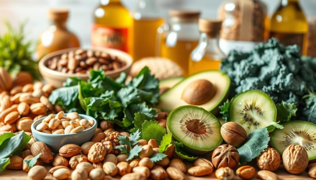 A vibrant and informative arrangement showcasing various sources of vitamin E in foods. In the foreground, a variety of nuts such as almonds, hazelnuts, and walnuts, along with a small bowl of sunflower seeds. The middle ground displays fresh leafy greens like spinach and kale, complemented by slices of avocado and kiwi. In the background, jars of olive oil and wheat germ are artistically placed, with a softly blurred effect to suggest depth. Use bright, natural lighting to evoke a fresh and healthy atmosphere, simulating a kitchen setting. The image should convey a sense of wellness and vitality, focusing on the delicious array of nutrient-rich foods. The angle should be slightly elevated, capturing the colorful details of each food item without any text or distractions. A vibrant and informative arrangement showcasing various sources of vitamin E in foods. In the foreground, a variety of nuts such as almonds, hazelnuts, and walnuts, along with a small bowl of sunflower seeds. The middle ground displays fresh leafy greens like spinach and kale, complemented by slices of avocado and kiwi. In the background, jars of olive oil and wheat germ are artistically placed, with a softly blurred effect to suggest depth. Use bright, natural lighting to evoke a fresh and healthy atmosphere, simulating a kitchen setting. The image should convey a sense of wellness and vitality, focusing on the delicious array of nutrient-rich foods. The angle should be slightly elevated, capturing the colorful details of each food item without any text or distractions.