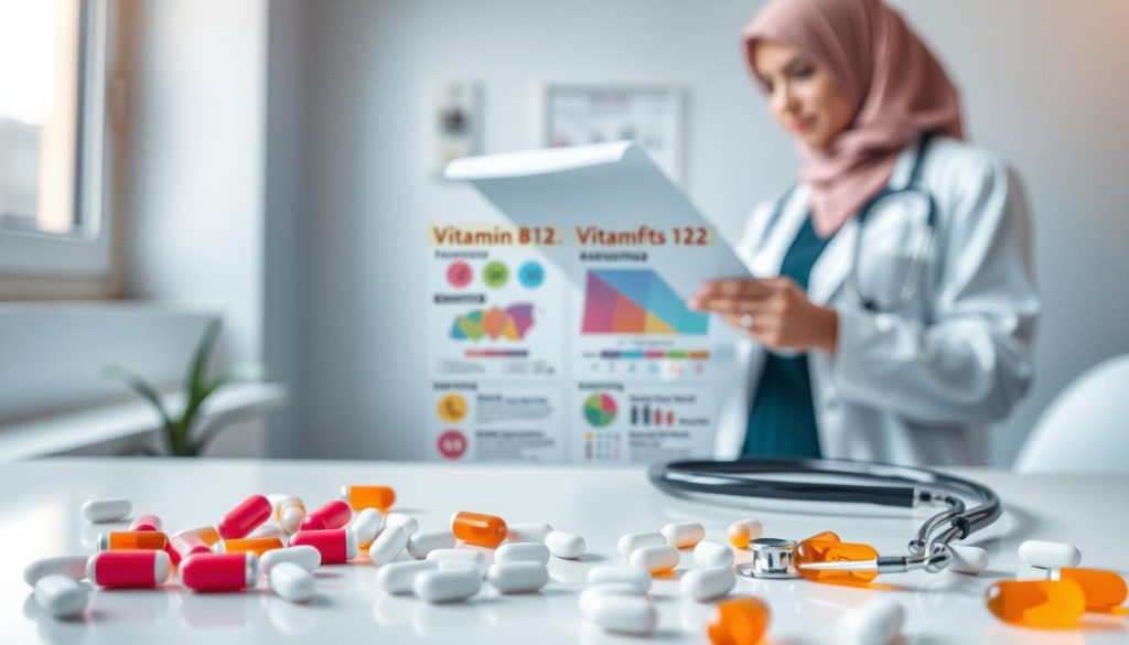 A vibrant and informative healthcare composition depicting vitamin B12’s indications and contraindications in a professional setting. Foreground features a sleek, modern table cluttered with vitamin B12 tablets and a stethoscope, illustrating a medical environment. The middle ground showcases a detailed infographic with visually engaging icons and diagrams representing benefits and risks associated with vitamin B12. Rich colors enhance the graphic, while soft, natural lighting from a window on the left creates an inviting atmosphere. In the background, a blurred image of a healthcare professional in modest attire examines a chart, adding context to the scene. The overall mood is educational and encouraging, designed to instill trust and clarity regarding vitamin consumption. A vibrant and informative healthcare composition depicting vitamin B12’s indications and contraindications in a professional setting. Foreground features a sleek, modern table cluttered with vitamin B12 tablets and a stethoscope, illustrating a medical environment. The middle ground showcases a detailed infographic with visually engaging icons and diagrams representing benefits and risks associated with vitamin B12. Rich colors enhance the graphic, while soft, natural lighting from a window on the left creates an inviting atmosphere. In the background, a blurred image of a healthcare professional in modest attire examines a chart, adding context to the scene. The overall mood is educational and encouraging, designed to instill trust and clarity regarding vitamin consumption.