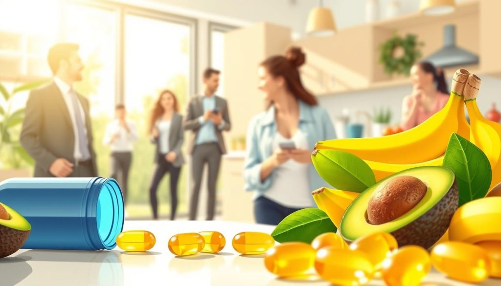 A vibrant and informative illustration showcasing the health benefits of niacin. In the foreground, display capsules of niacin beside fresh fruits like avocados and bananas, representing natural sources. The middle ground features a diverse group of people, dressed in business attire, engaged in healthy activities such as exercising or enjoying a nutritious meal together, symbolizing niacin's positive impact on overall health. In the background, a softly lit kitchen scene or a sunlit park creates an atmosphere of wellness and vitality. Utilize bright, warm lighting to evoke a sense of energy and health, focusing on a slightly angled perspective that draws the viewer's eye to both the niacin and the lively interactions among the individuals. The mood should be uplifting and inspirational, reflecting a healthy lifestyle.