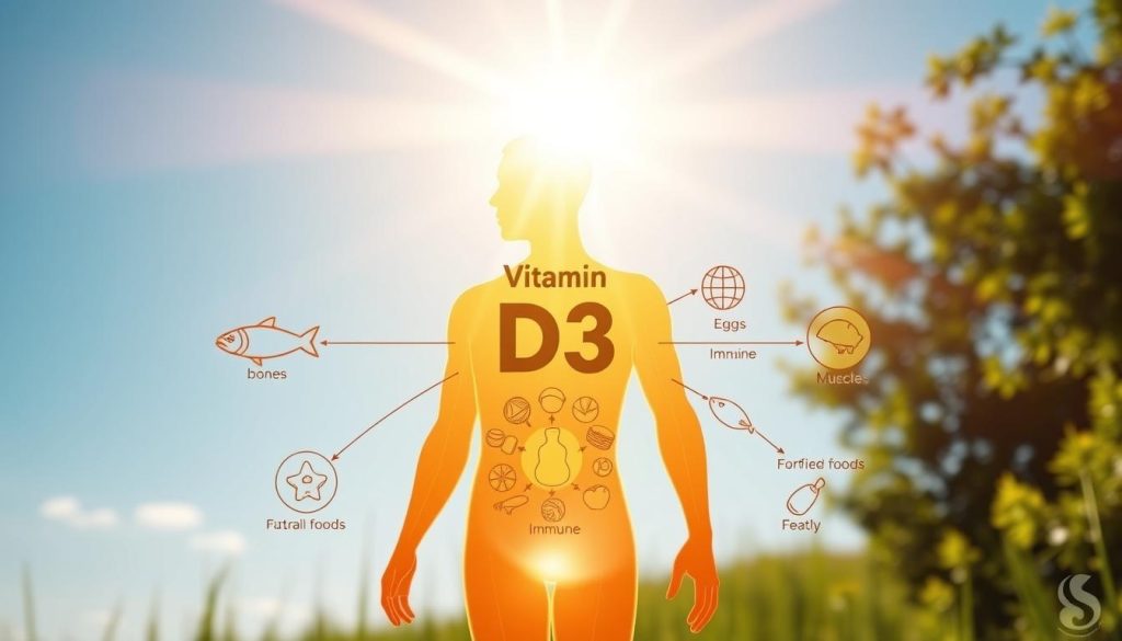 A vibrant, detailed illustration showcasing the key role of vitamin D3 in the human body. In the foreground, a healthy human silhouette glowing with a warm, soft light, emphasizing areas where vitamin D3 impacts: bones, muscles, and the immune system. In the middle, a depiction of sun rays streaming down, symbolizing natural vitamin D3 synthesis, surrounded by nutrition icons like fish, eggs, and fortified foods. The background features a serene outdoor setting with a clear blue sky and a hint of lush greenery, conveying a sense of health and vitality. Capture the image with a soft-focus lens to enhance the warmth and positivity, creating an uplifting and informative atmosphere.