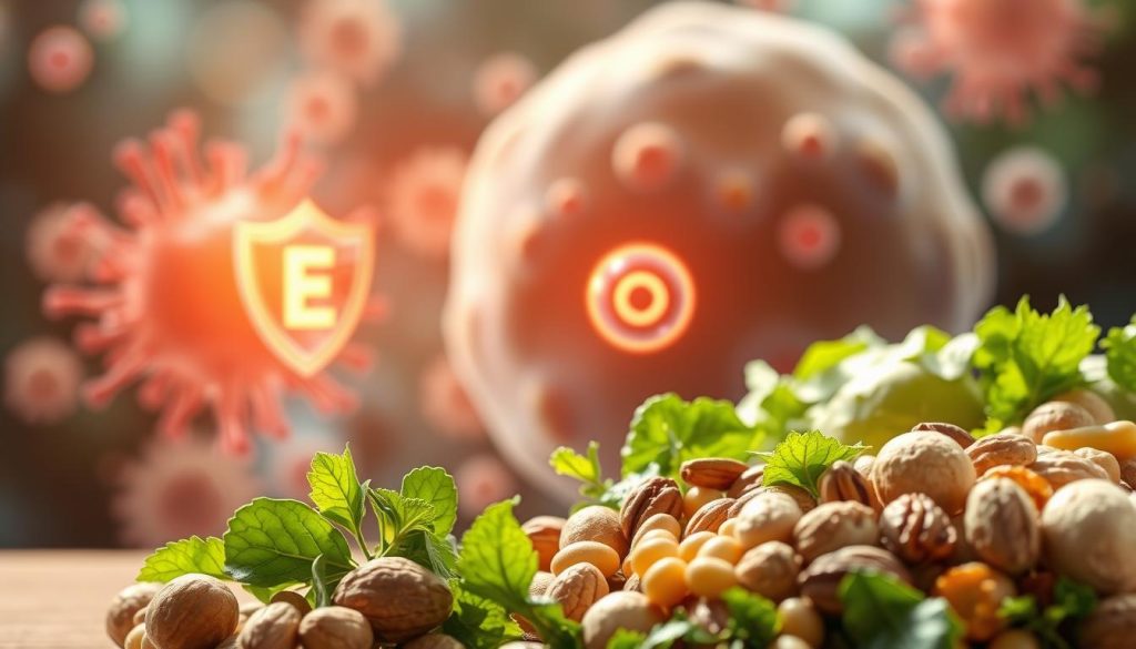 A vibrant illustration depicting the protective role of Vitamin E in cellular health. In the foreground, a cluster of healthy plant-based foods rich in Vitamin E, such as nuts, seeds, and green leafy vegetables, is elegantly arranged. The middle ground features a microscopic view of human cells with a glowing shield visual representing Vitamin E molecules surrounding them, emphasizing their protective qualities. In the background, soft, diffused light creates a serene atmosphere, highlighting the intricate structures of the cells. The scene should be well-lit with a warm color palette to convey a sense of well-being and vitality. Capture the overall essence of health and prevention, aiming for a professional yet inviting mood. A vibrant illustration depicting the protective role of Vitamin E in cellular health. In the foreground, a cluster of healthy plant-based foods rich in Vitamin E, such as nuts, seeds, and green leafy vegetables, is elegantly arranged. The middle ground features a microscopic view of human cells with a glowing shield visual representing Vitamin E molecules surrounding them, emphasizing their protective qualities. In the background, soft, diffused light creates a serene atmosphere, highlighting the intricate structures of the cells. The scene should be well-lit with a warm color palette to convey a sense of well-being and vitality. Capture the overall essence of health and prevention, aiming for a professional yet inviting mood.