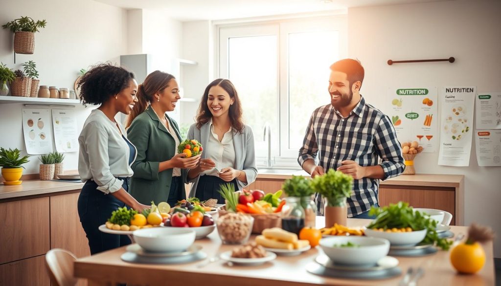 A vibrant kitchen scene encompassing healthy food habits for modern lifestyles. In the foreground, a diverse group of three individuals (two women and one man) dressed in professional casual wear, joyfully preparing a colorful salad together. They are surrounded by fresh vegetables, fruits, and whole grains, symbolizing balanced nutrition. The middle ground features a beautifully arranged dining table set with healthy meals, alongside informative charts on nutrition pinned to a nearby wall. The background displays a bright, airy kitchen with natural light pouring in through a large window, creating a warm and inviting atmosphere. The lighting is soft yet vibrant, capturing a sense of health and motivation, while the overall mood is uplifting and inspiring, ideal for promoting better eating habits. A vibrant kitchen scene encompassing healthy food habits for modern lifestyles. In the foreground, a diverse group of three individuals (two women and one man) dressed in professional casual wear, joyfully preparing a colorful salad together. They are surrounded by fresh vegetables, fruits, and whole grains, symbolizing balanced nutrition. The middle ground features a beautifully arranged dining table set with healthy meals, alongside informative charts on nutrition pinned to a nearby wall. The background displays a bright, airy kitchen with natural light pouring in through a large window, creating a warm and inviting atmosphere. The lighting is soft yet vibrant, capturing a sense of health and motivation, while the overall mood is uplifting and inspiring, ideal for promoting better eating habits.