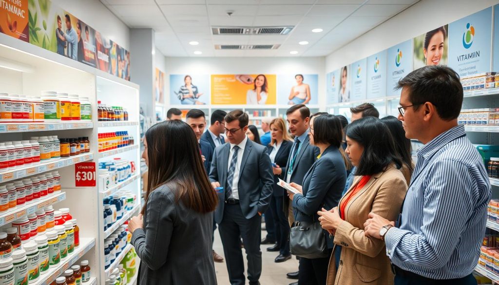 A vibrant scene depicting a modern pharmacy in Ukraine specializing in vitamins. In the foreground, a diverse group of adults, dressed in professional business attire, examines various vitamin products on the shelves. The middle ground features neatly organized displays showcasing colorful vitamin bottles with labels highlighting iodine and essential micronutrients. The background reveals a well-lit, inviting store atmosphere with soft white lighting creating a warm ambiance, and promotional posters of health benefits on the walls. The overall mood conveys a sense of health awareness and community well-being, emphasizing the importance of nutritional supplements in everyday life. The angle captures the hustle and bustle of customers engaged in informative discussions with pharmacy staff, creating a dynamic and informative shopping experience. A vibrant scene depicting a modern pharmacy in Ukraine specializing in vitamins. In the foreground, a diverse group of adults, dressed in professional business attire, examines various vitamin products on the shelves. The middle ground features neatly organized displays showcasing colorful vitamin bottles with labels highlighting iodine and essential micronutrients. The background reveals a well-lit, inviting store atmosphere with soft white lighting creating a warm ambiance, and promotional posters of health benefits on the walls. The overall mood conveys a sense of health awareness and community well-being, emphasizing the importance of nutritional supplements in everyday life. The angle captures the hustle and bustle of customers engaged in informative discussions with pharmacy staff, creating a dynamic and informative shopping experience.