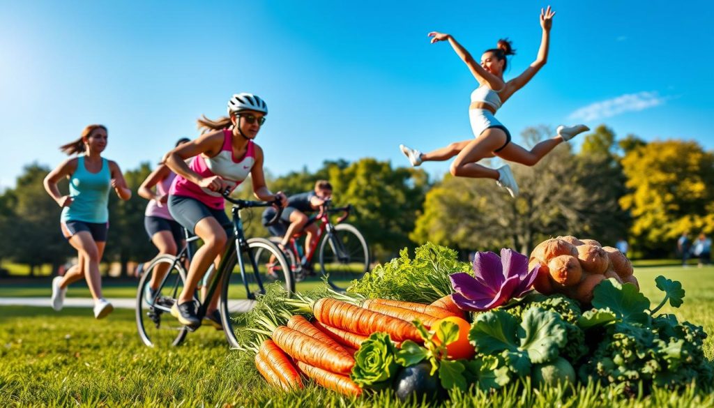 A vibrant scene showcasing the benefits of Vitamin A for physical activity and sports. In the foreground, a diverse group of athletes engaged in various sports – a runner sprinting, a cyclist with a bright helmet and gear, and a gymnast gracefully performing mid-air. All athletes have gleaming, healthy skin indicating vitality. The middle ground features colorful foods rich in Vitamin A, such as vibrant carrots, sweet potatoes, and leafy greens artfully arranged. In the background, a sunny park with trees and a clear blue sky enhances the energetic atmosphere. Soft, natural lighting illuminates the scene, creating a warm and motivating mood. The composition should be dynamic, focusing on the harmonious blend of nutrition and physical fitness. A vibrant scene showcasing the benefits of Vitamin A for physical activity and sports. In the foreground, a diverse group of athletes engaged in various sports – a runner sprinting, a cyclist with a bright helmet and gear, and a gymnast gracefully performing mid-air. All athletes have gleaming, healthy skin indicating vitality. The middle ground features colorful foods rich in Vitamin A, such as vibrant carrots, sweet potatoes, and leafy greens artfully arranged. In the background, a sunny park with trees and a clear blue sky enhances the energetic atmosphere. Soft, natural lighting illuminates the scene, creating a warm and motivating mood. The composition should be dynamic, focusing on the harmonious blend of nutrition and physical fitness.