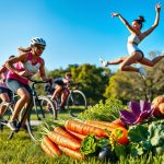 A vibrant scene showcasing the benefits of Vitamin A for physical activity and sports. In the foreground, a diverse group of athletes engaged in various sports – a runner sprinting, a cyclist with a bright helmet and gear, and a gymnast gracefully performing mid-air. All athletes have gleaming, healthy skin indicating vitality. The middle ground features colorful foods rich in Vitamin A, such as vibrant carrots, sweet potatoes, and leafy greens artfully arranged. In the background, a sunny park with trees and a clear blue sky enhances the energetic atmosphere. Soft, natural lighting illuminates the scene, creating a warm and motivating mood. The composition should be dynamic, focusing on the harmonious blend of nutrition and physical fitness.