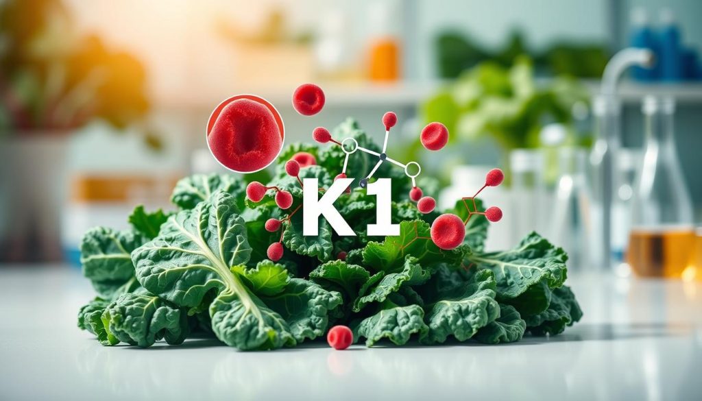 A vibrant, scientifically-styled illustration of Vitamin K1, visually represented as green leafy vegetables such as kale and spinach arranged artistically in the foreground. In the middle ground, include a chemical structure model of Vitamin K1, with details highlighting its molecular bonds, surrounded by imagery suggesting blood clotting, such as red blood cells and clotting factors depicted graphically. The background should feature a soft-focus laboratory setting with test tubes and petri dishes, suggesting a research atmosphere. The lighting is bright and clinical, capturing the freshness of the vegetables and emphasizing the importance of Vitamin K1 in blood coagulation. The overall mood is informative and engaging, reflecting a scientific exploration of health benefits.