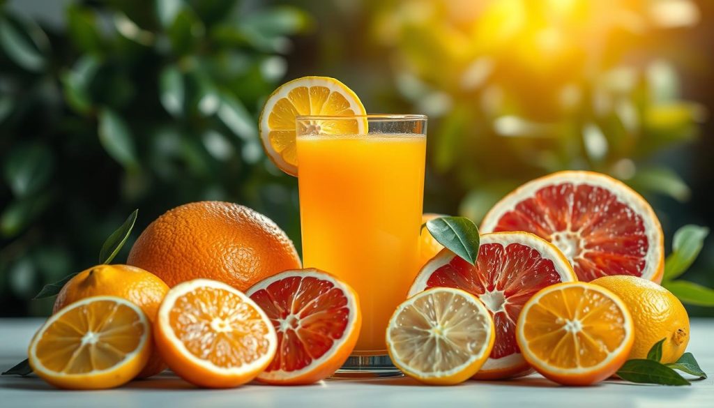 A vibrant still life composition focusing on the antioxidant properties of vitamin C. In the foreground, several citrus fruits like oranges, lemons, and grapefruits are artistically arranged, showcasing their bright colors and dewy textures, suggesting freshness and vitality. The middle ground features a crystal-clear glass of orange juice with a slice of lemon on the rim, reflecting light and inviting a sense of nourishment. In the background, soft green foliage and blurred natural elements create a serene, healthy atmosphere, emphasizing the theme of immune support. The ambient lighting is warm and inviting, with a slight glow highlighting the fruits, suggesting the natural energy and health benefits of vitamin C. The scene feels uplifting and rejuvenating, resonating with health and vitality.
