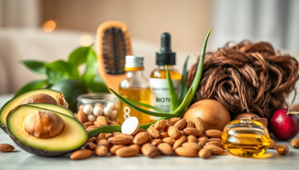 A visually appealing arrangement of key components for healthy hair. In the foreground, showcase vibrant, fresh ingredients such as avocados, almonds, olive oil, and biotin supplements, artistically arranged. In the middle, include a hairbrush, hair serum, and a few leaves of aloe vera, symbolizing natural care. The background should be softly blurred with a gentle, warm light filtering through, creating a cozy and inviting atmosphere. Use a shallow depth of field to focus on the foreground elements, capturing textures and colors vividly. The overall mood should evoke a sense of wellness and nurturing self-care, ideal for illustrating a section on the essential elements for maintaining healthy hair.