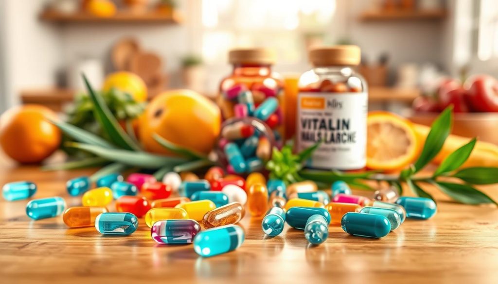 A visually appealing arrangement of vitamins for skin, hair, and nails, featuring a variety of colorful supplements in soft gel and tablet forms. In the foreground, showcase a few capsules and tablets scattered artistically on a polished wooden surface. In the middle, place an open bottle of vitamins with a few falling out, surrounded by botanicals like aloe vera, argan oil leaves, and biotin. In the background, softly blurred, display a light-filled kitchen setting with natural elements, such as fresh fruits and vegetables, hinting at their nutritional benefits. Warm, inviting lighting creates a wholesome, vibrant atmosphere. The image should capture the essence of beauty and health, with a focus on essential nutrients for hair, skin, and nails. Ensure no people are present in the image. A visually appealing arrangement of vitamins for skin, hair, and nails, featuring a variety of colorful supplements in soft gel and tablet forms. In the foreground, showcase a few capsules and tablets scattered artistically on a polished wooden surface. In the middle, place an open bottle of vitamins with a few falling out, surrounded by botanicals like aloe vera, argan oil leaves, and biotin. In the background, softly blurred, display a light-filled kitchen setting with natural elements, such as fresh fruits and vegetables, hinting at their nutritional benefits. Warm, inviting lighting creates a wholesome, vibrant atmosphere. The image should capture the essence of beauty and health, with a focus on essential nutrients for hair, skin, and nails. Ensure no people are present in the image.