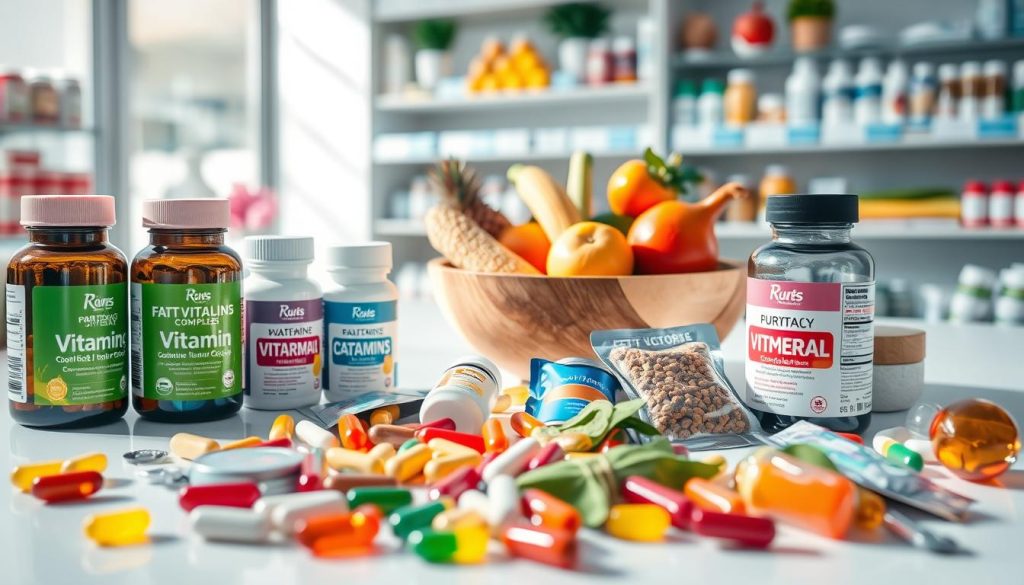 A visually appealing display of vitamins and mineral complexes arranged artistically on a sleek white surface. In the foreground, colorful bottles and packets containing various supplements, such as capsules and powders, boast vibrant labels highlighting their health benefits. In the middle ground, a wooden bowl filled with fresh fruits and vegetables symbolizes natural sources of nutrients. The background features softly blurred shelves stocked with more health products, creating a pharmacy ambiance. Bright, natural lighting illuminates the scene, with gentle shadows adding depth. The mood is uplifting and health-conscious, perfect for an article about wellness and beauty. The composition should be clear and focused, without any text or branding visible.