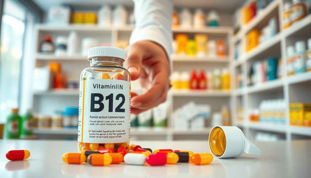 A visually appealing pharmacy setting with a focused composition on vitamin B12 tablets. In the foreground, an open bottle of vibrant B12 supplements, with a handful of capsules scattered around it, showcasing their bright colors. In the middle ground, a human hand in professional attire gently reaches out to the bottle, emphasizing the ease of use and accessibility. The background features soft-focus shelves filled with health-related products, creating a well-organized and inviting atmosphere. The lighting is warm and natural, suggesting a sense of health and wellness. Capture the scene with a slightly elevated angle, giving a sense of engagement while maintaining clarity and detail in the foreground elements. The overall mood should be informative, supportive, and visually encouraging.