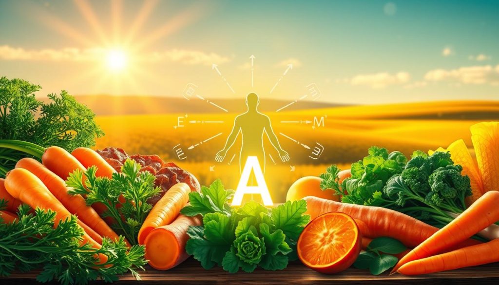 A visually captivating illustration showcasing the benefits of Vitamin A for human metabolism. In the foreground, depict vibrant carrots, sweet potatoes, and leafy greens arranged artistically, highlighting their rich orange and green colors that symbolize Vitamin A. In the middle ground, include a stylized representation of a human silhouette, radiating energy and vitality, surrounded by glowing arrows or symbols demonstrating the metabolic processes influenced by Vitamin A. In the background, use a soft-focus depiction of a sunny landscape, suggesting health and well-being. Illuminate the scene with warm, natural lighting that creates an inviting and uplifting atmosphere, emphasizing the positive impact of Vitamin A on the body. Use a slight downward angle to create depth and engaging composition. A visually captivating illustration showcasing the benefits of Vitamin A for human metabolism. In the foreground, depict vibrant carrots, sweet potatoes, and leafy greens arranged artistically, highlighting their rich orange and green colors that symbolize Vitamin A. In the middle ground, include a stylized representation of a human silhouette, radiating energy and vitality, surrounded by glowing arrows or symbols demonstrating the metabolic processes influenced by Vitamin A. In the background, use a soft-focus depiction of a sunny landscape, suggesting health and well-being. Illuminate the scene with warm, natural lighting that creates an inviting and uplifting atmosphere, emphasizing the positive impact of Vitamin A on the body. Use a slight downward angle to create depth and engaging composition.