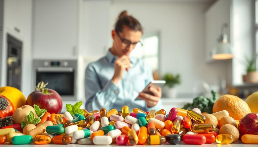A visually engaging composition depicting the criteria for selecting a multivitamin complex. In the foreground, a neatly arranged display of colorful vitamin capsules and tablets in various shapes and sizes, surrounded by fresh fruits and vegetables symbolizing health and nutrition. In the middle ground, a thoughtful individual in professional attire examines a smartphone or tablet, possibly looking at product reviews. The background features a clean, modern kitchen with soft, natural light streaming in from a window, enhancing the atmosphere of wellness and vitality. The overall mood is informative yet inviting, emphasizing the importance of making thoughtful choices for health. Emphasize clarity, focus, and a sense of purpose in the selection process. A visually engaging composition depicting the criteria for selecting a multivitamin complex. In the foreground, a neatly arranged display of colorful vitamin capsules and tablets in various shapes and sizes, surrounded by fresh fruits and vegetables symbolizing health and nutrition. In the middle ground, a thoughtful individual in professional attire examines a smartphone or tablet, possibly looking at product reviews. The background features a clean, modern kitchen with soft, natural light streaming in from a window, enhancing the atmosphere of wellness and vitality. The overall mood is informative yet inviting, emphasizing the importance of making thoughtful choices for health. Emphasize clarity, focus, and a sense of purpose in the selection process.