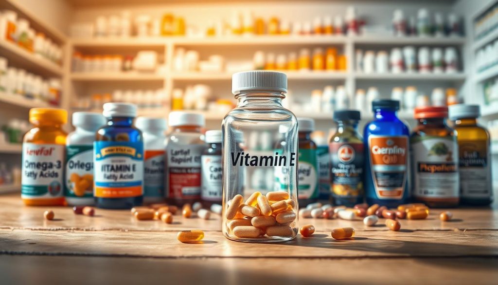 A visually engaging composition illustrating the interaction of vitamin E with various supplements and medications. In the foreground, a clear glass bottle of vitamin E capsules, surrounded by colorful bottles of supplements like omega-3 fatty acids, coenzyme Q10, and various herbal extracts. The middle ground features a soft gradient of light, creating a warm and inviting atmosphere, with a wooden table surface subtly blurred to emphasize the foreground. In the background, a pharmacy shelf filled with prescription medication, softly illuminated to convey a sense of professionalism. The scene is lit with natural daylight, casting gentle shadows. The overall mood is educational and informative, perfect for a health-related article, showcasing the importance of understanding vitamin E's interactions. A visually engaging composition illustrating the interaction of vitamin E with various supplements and medications. In the foreground, a clear glass bottle of vitamin E capsules, surrounded by colorful bottles of supplements like omega-3 fatty acids, coenzyme Q10, and various herbal extracts. The middle ground features a soft gradient of light, creating a warm and inviting atmosphere, with a wooden table surface subtly blurred to emphasize the foreground. In the background, a pharmacy shelf filled with prescription medication, softly illuminated to convey a sense of professionalism. The scene is lit with natural daylight, casting gentle shadows. The overall mood is educational and informative, perfect for a health-related article, showcasing the importance of understanding vitamin E's interactions.