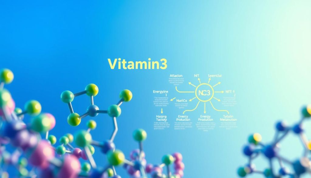 A visually striking, educational illustration focused on vitamin B3 (niacin) in a scientific context. In the foreground, display stylized molecular structures of niacin, vividly colored in shades of blue and green. In the middle ground, include a vibrant diagram outlining the essential functions of niacin in the human body, such as energy production and metabolism, featuring clear arrows and labels. The background should be a soft gradient transitioning from light to dark blue, evoking a clinical and professional atmosphere. Use soft, diffused lighting to enhance clarity and focus. The composition should maintain a balanced yet dynamic arrangement, inviting viewers to explore the information presented in a clean, structured format.