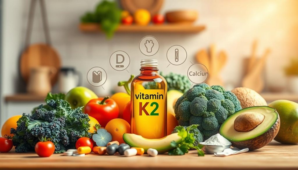 A visually striking illustration showcasing the synergy of vitamin K2 with various nutrients. In the foreground, display vibrant, colorful fruits and vegetables rich in vitamins, such as kale, broccoli, and avocados, arranged artistically around a small glass bottle labeled "Vitamin K2". In the middle ground, integrate other essential nutrients like magnesium, vitamin D, and calcium represented as small tablets or powder packets, interacting harmoniously with the fresh produce. In the background, create a soft, blurred kitchen setting with warm, inviting lighting to enhance the wholesome atmosphere. Use a slight overhead angle to capture the richness of colors and textures, evoking a sense of vitality and health. The overall mood should feel fresh, informative, and engaging, inviting the viewer into the topic of nutrition. A visually striking illustration showcasing the synergy of vitamin K2 with various nutrients. In the foreground, display vibrant, colorful fruits and vegetables rich in vitamins, such as kale, broccoli, and avocados, arranged artistically around a small glass bottle labeled "Vitamin K2". In the middle ground, integrate other essential nutrients like magnesium, vitamin D, and calcium represented as small tablets or powder packets, interacting harmoniously with the fresh produce. In the background, create a soft, blurred kitchen setting with warm, inviting lighting to enhance the wholesome atmosphere. Use a slight overhead angle to capture the richness of colors and textures, evoking a sense of vitality and health. The overall mood should feel fresh, informative, and engaging, inviting the viewer into the topic of nutrition.