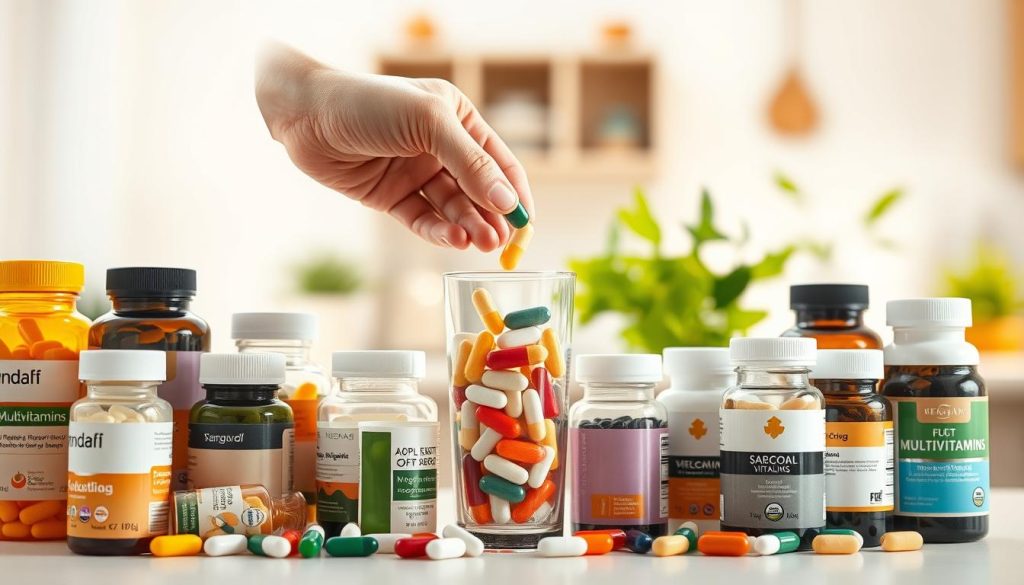 A well-organized display of adult multivitamins set against a soft, light-colored background. In the foreground, a variety of multivitamin bottles and tablets are arranged artistically, showcasing their different shapes, colors, and sizes. The middle layer features a close-up of a hand pouring a few vibrant tablets into a clear glass, reflecting a sense of health and vitality. The background is softly blurred, suggesting a bright kitchen or wellness space filled with greenery, enhancing the fresh and wholesome atmosphere. Warm, natural lighting highlights the products, creating an inviting and professional mood that embodies health and well-being. The composition is clean and focused, free of any text or distractions. A well-organized display of adult multivitamins set against a soft, light-colored background. In the foreground, a variety of multivitamin bottles and tablets are arranged artistically, showcasing their different shapes, colors, and sizes. The middle layer features a close-up of a hand pouring a few vibrant tablets into a clear glass, reflecting a sense of health and vitality. The background is softly blurred, suggesting a bright kitchen or wellness space filled with greenery, enhancing the fresh and wholesome atmosphere. Warm, natural lighting highlights the products, creating an inviting and professional mood that embodies health and well-being. The composition is clean and focused, free of any text or distractions.