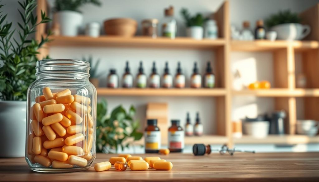 A well-organized display of biotin supplements with a focus on optimal storage conditions. In the foreground, showcase a clear glass jar filled with biotin capsules, illuminated by soft, natural lighting. The middle ground features a wooden shelf filled with biotin vitamins alongside herbal plants and essential oils, emphasizing a natural health theme. In the background, a soft-focus image of a calming and organized kitchen or medical shelf, representing safety and accessibility. The atmosphere is serene and professional, conveying trust and well-being. Capture this scene using a slightly elevated angle to give a comprehensive view, with warm, inviting colors to enhance the overall mood.