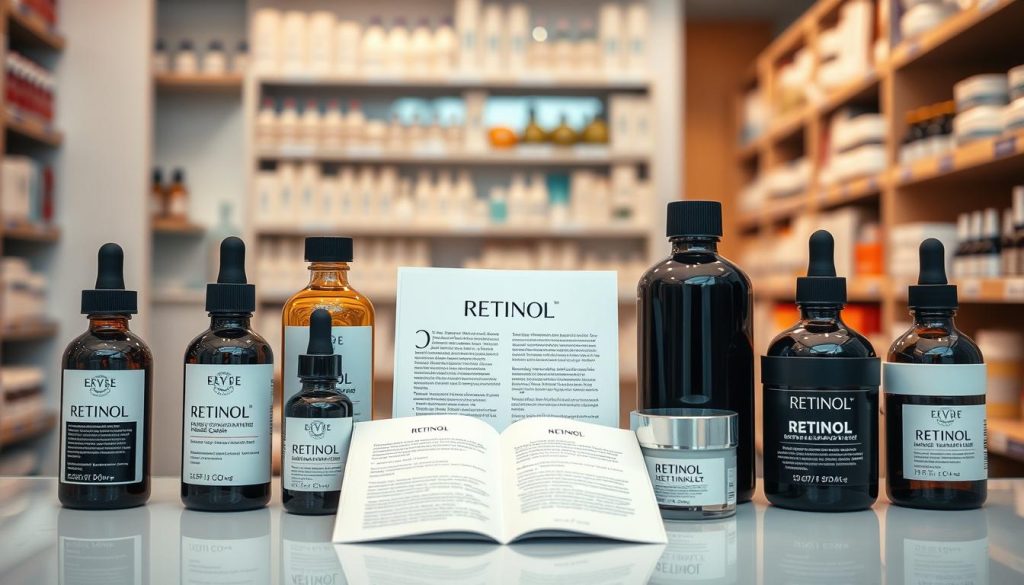 A well-organized display of retinol products showcases various forms and compositions. In the foreground, feature a sleek assortment of retinol bottles in different sizes, including a dropper bottle and cream jars, all elegantly labeled. In the middle, place a small, open booklet outlining their ingredients and benefits, with an emphasis on clarity. The background should subtly include a blurred pharmacy environment, with shelves filled with skincare products, softly illuminated by warm, inviting lighting that creates a professional atmosphere. Use a slight overhead angle to emphasize the arrangement of the products, making them the focal point. The mood should evoke trust and professionalism, making it suitable for a pharmacy setting.