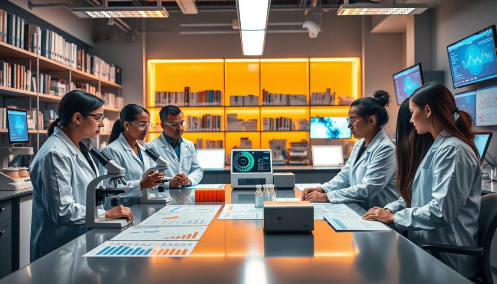 An informative scene depicting clinical research on Vitamin D3 in a modern laboratory. In the foreground, a diverse group of four scientists, dressed in professional lab coats and safety goggles, are examining samples and discussing results around a sleek laboratory table. The middle ground showcases advanced laboratory equipment, such as microscopes and centrifuges, alongside charts displaying Vitamin D3 levels and health benefits. In the background, shelves filled with scientific literature and glowing monitors display data analysis. Warm, natural lighting emanates from overhead fixtures, creating an engaging atmosphere of collaboration and discovery. The overall mood is focused and professional, emphasizing the importance of scientific inquiry in understanding the benefits of Vitamin D3. An informative scene depicting clinical research on Vitamin D3 in a modern laboratory. In the foreground, a diverse group of four scientists, dressed in professional lab coats and safety goggles, are examining samples and discussing results around a sleek laboratory table. The middle ground showcases advanced laboratory equipment, such as microscopes and centrifuges, alongside charts displaying Vitamin D3 levels and health benefits. In the background, shelves filled with scientific literature and glowing monitors display data analysis. Warm, natural lighting emanates from overhead fixtures, creating an engaging atmosphere of collaboration and discovery. The overall mood is focused and professional, emphasizing the importance of scientific inquiry in understanding the benefits of Vitamin D3.