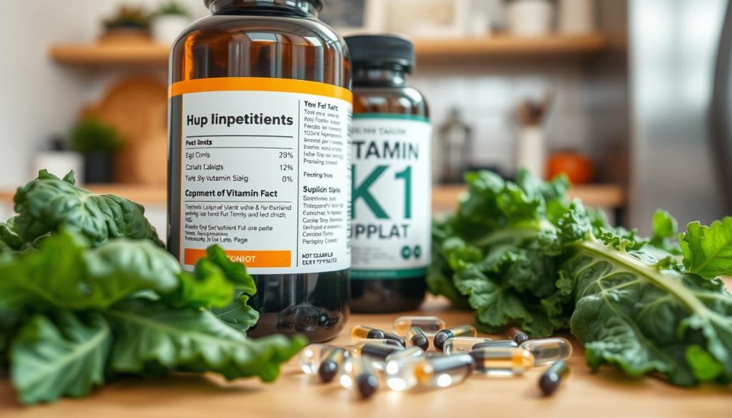 Close-up view of a vitamin K1 supplement bottle, prominently displaying the label and product composition. The foreground features the bottle with key ingredients listed, surrounded by fresh leafy greens like spinach and kale, representing natural sources of Vitamin K1. In the middle ground, there are capsules or tablets of the supplement scattered elegantly around the bottle, showcasing different forms of the product. The background consists of a soft-focus kitchen countertop with natural light streaming in, creating a warm and inviting atmosphere. The scene is shot using a shallow depth of field to emphasize the composition details, evoking a sense of health and wellness.
